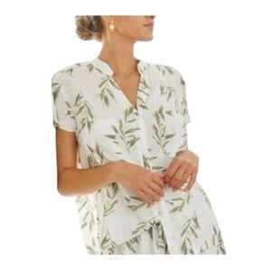 Piyama Women White Green Olive Leaf Print Short Sleeve Button Up Shirt Small